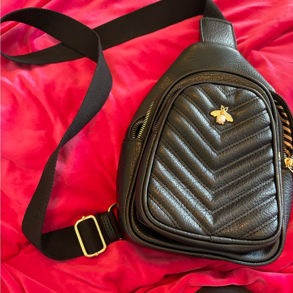 Black Quilted Crossbody Bag with Bee Accent